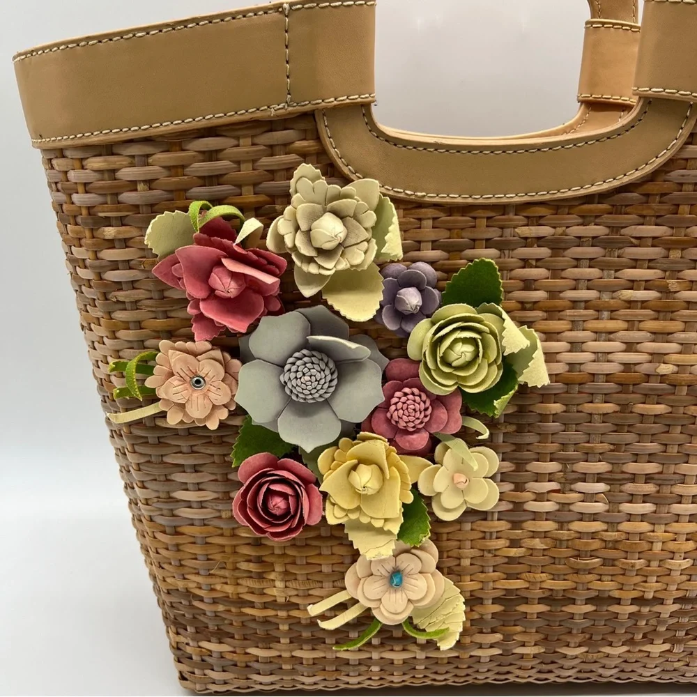 LOFT Woven Tote with Multicolor Floral Appliqués